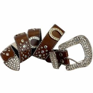 𝅺BROWN leather rhinestone horse shoe embellished belt Sz S/M